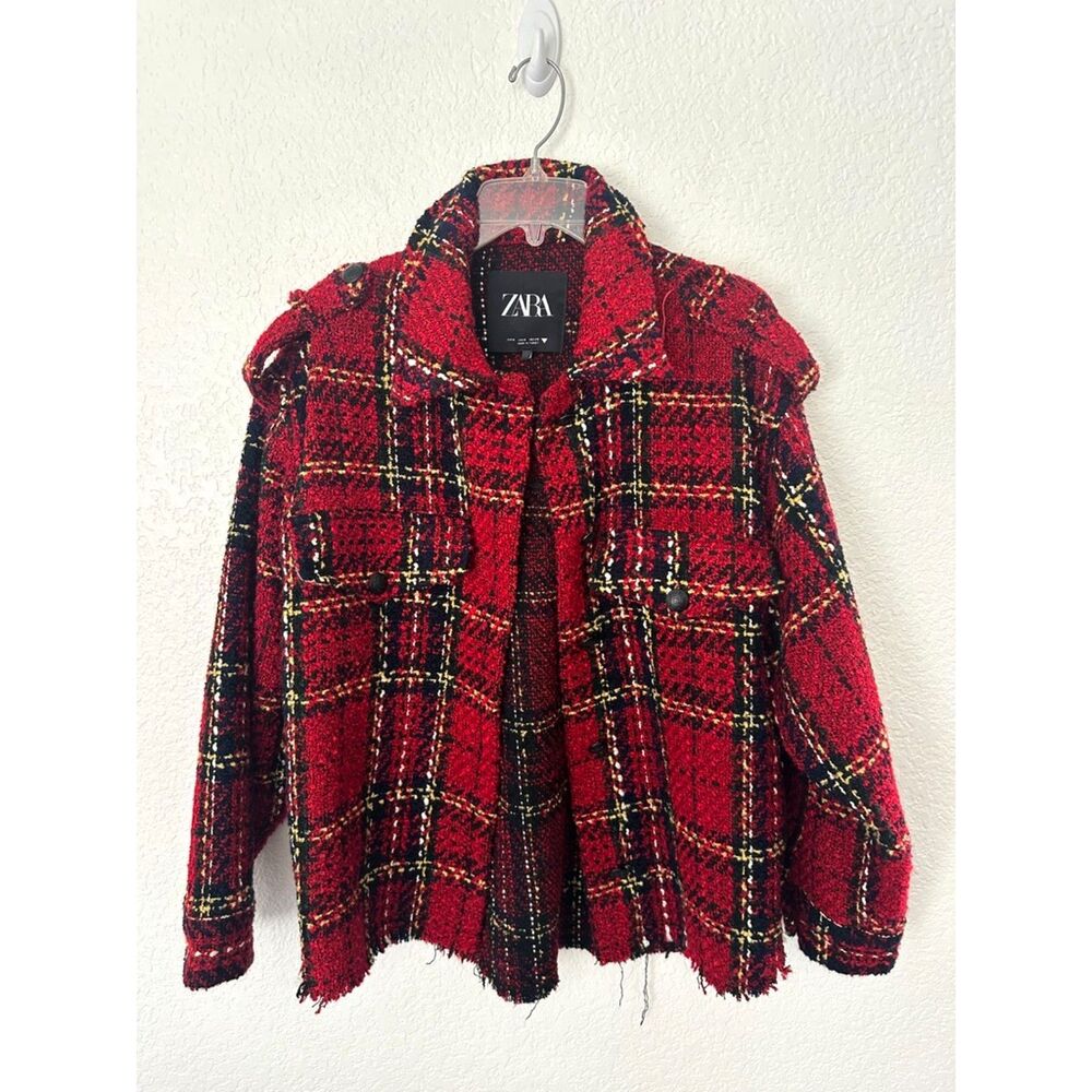 Zara Red Tweed Plaid Blazer Size Small Academia Preppy Holiday